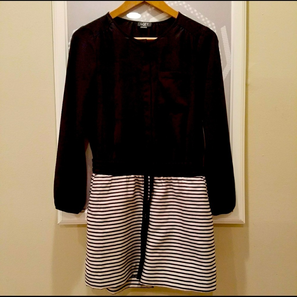 Loft romper. The top is black, and the bottom is navy & tan